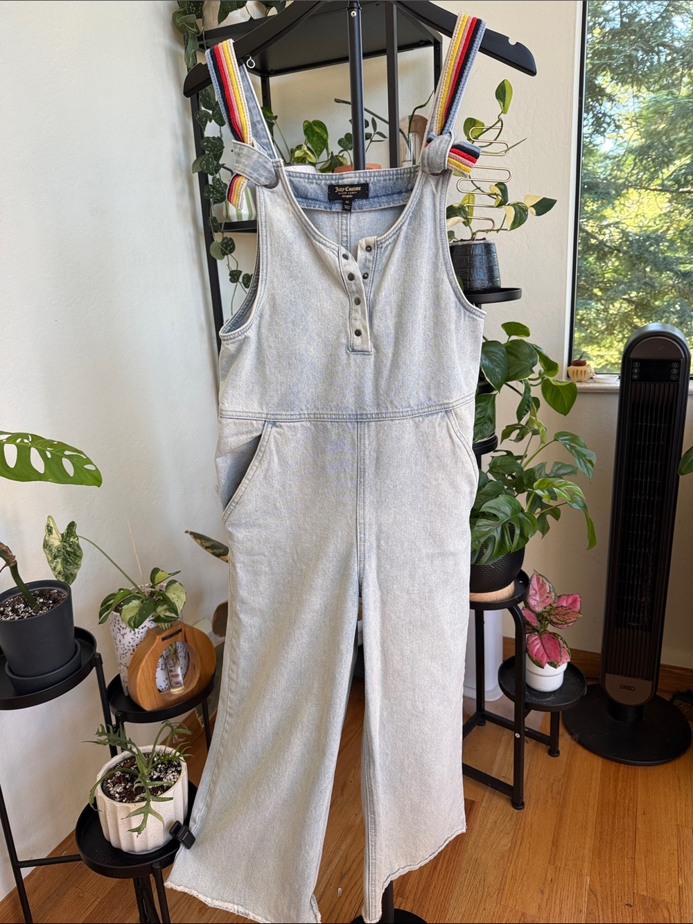 Juicy Couture Light Wash Denim Jumpsuit with Rainbow Straps